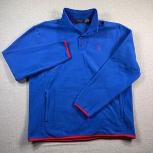 Polo Ralph Lauren Pullover Mens L Blue Fleece Mock Neck Red Trim Logo Snap T